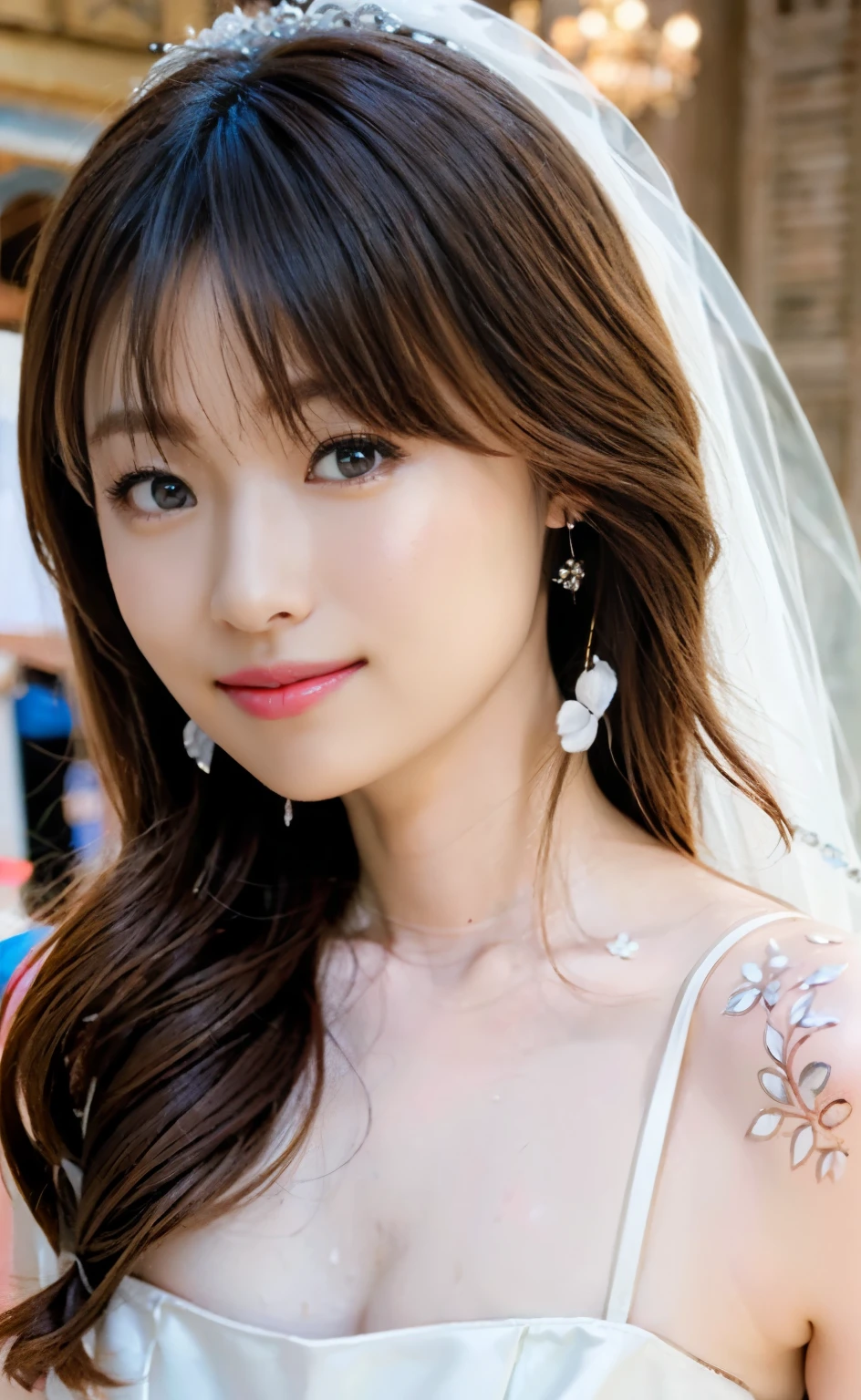 ((Perfect ??????? with detailed limbs)),A single shot capturing the essence of movement,masterpiece,Ulzan 6500,(Realisticで写実的なphoto),(((A beautiful bride wearing a pure white cape and a body-conscious wedding flare dress appears on the stage as the tall, heavy doors of the chapel slowly open, holding a beautiful bouquet in both hands and standing with her knees together.,She looks happy, chin tucked in, eyes looking up and smiling shyly.))),(((She looks cute with her long, beautifully braided chestnut hair draped over a silky, light cape.))),The earrings and necklace look great on her beautiful décolletage.,4K overhead shot of the entire body,Glowing White Skin,Best image quality,Professional perspective,Excellent detail,Ultra-high resolution,Realistic:1.4),Attention to detail,Beauty condensed into one girl,繊細でHigh noseを持つ美しい顔,Long limbs like a modelと細いウエスト,White stiletto heels,Smile with eyebrows and corners of the mouth raised,A stunningly sculpted body with beautiful F-cup breasts,Amazing abs and toned, upward-facing hips,(((4K portrait photography with a low-angle, aggressive shot utilizing forced perspective with a beautiful background))),The smile is shining,Stunning background bokeh with depth,Dynamic Perspective,Amazing details,Beauty condensed in one girl,Chestnut bouncy hair,繊細でHigh noseを持つ美しい顔,Long limbs like a model,Tight hips and waist,High nose, Clear chestnut eyes, Glossy Lips,