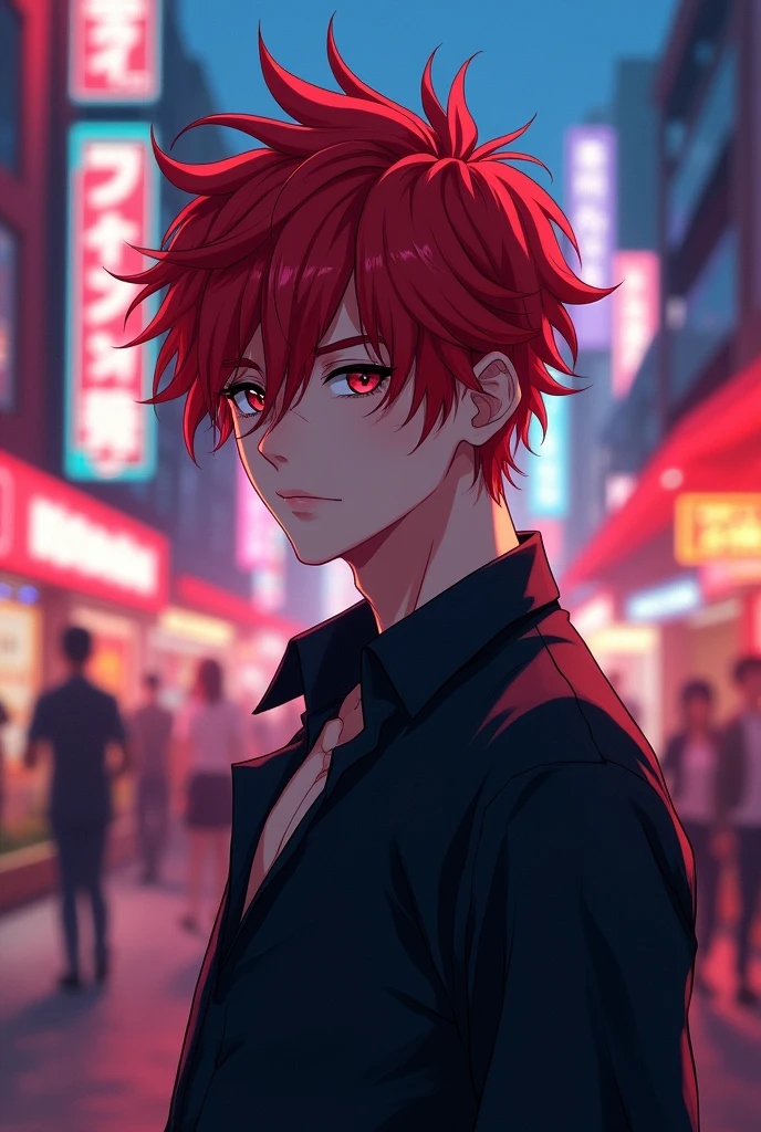 anime、Red hair、male、Handsome、young、Black Shirt