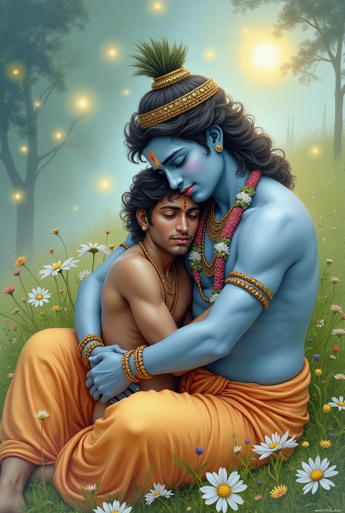 Create a image of a sad man who sleeps in lap of loard Krishna 