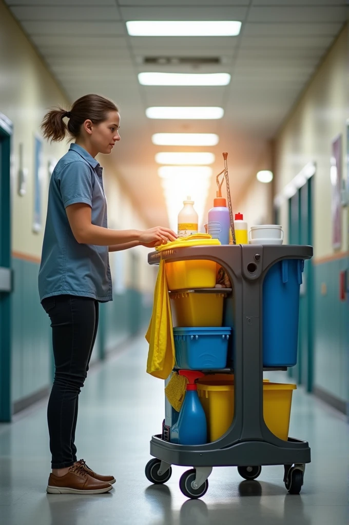 A school worker cleaning cart that is easy, comfortable and feasible with exact measurements