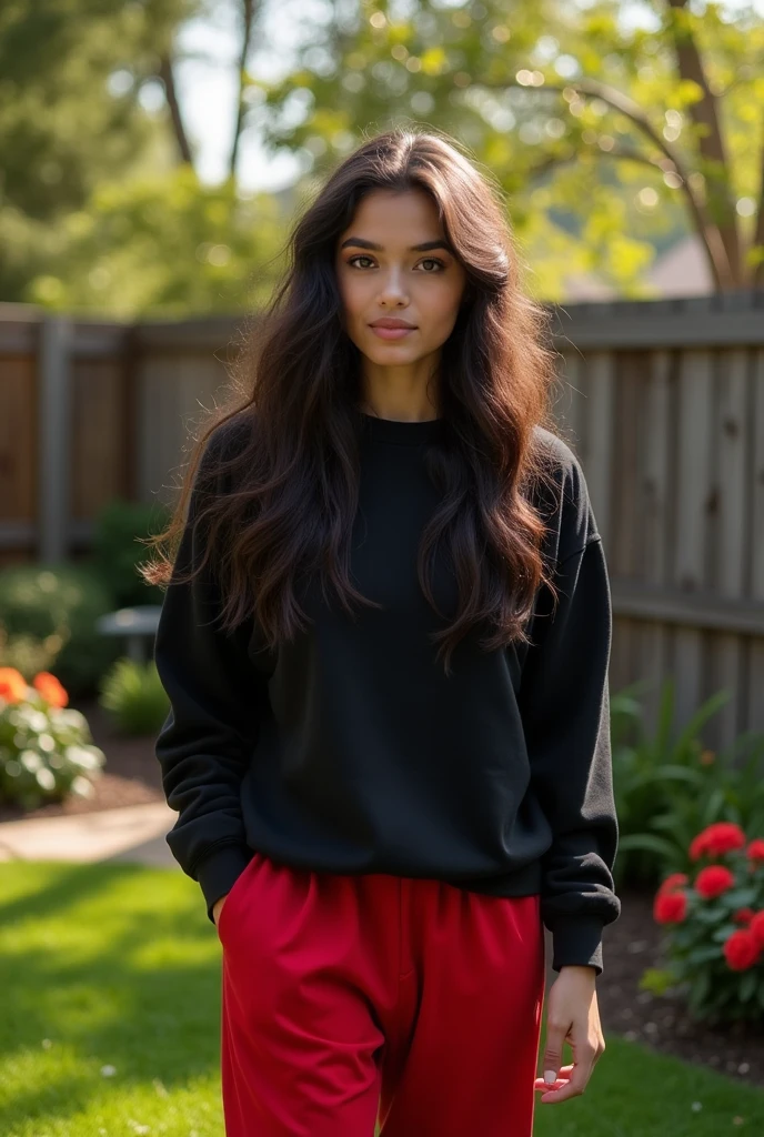 A beautiful girl with black eyes that express mystery and power, long wavy knee length hair, fleshy lips, wearing a black and red sweatshirt and baggy pants, in a backyard of a house
