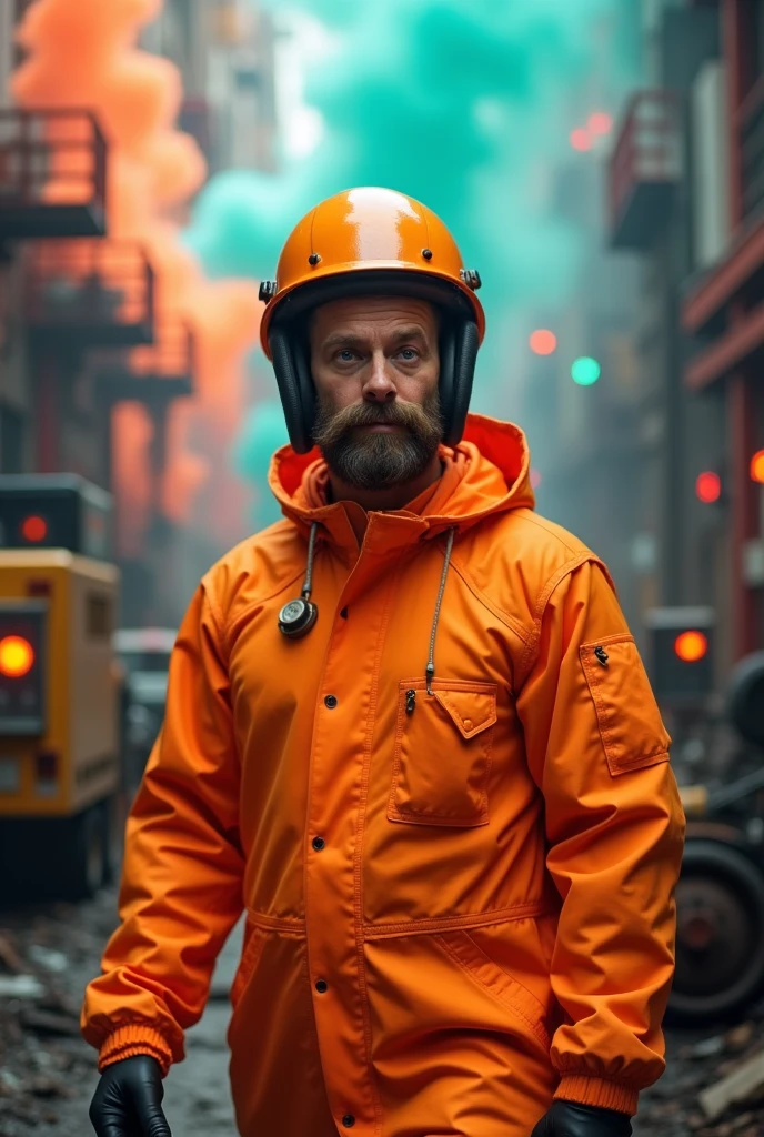 A man using a dangerous environment hazard orange suit with a dramatic comedy mask on his helmet