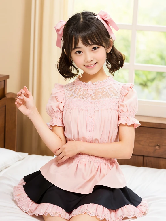 photo realistic, best quality, masterpiece, photo of over the knees, a Japanese pretty girl, 10 yo,  pretty face, symmetrical eyes, eye contact, smile, petit, flat chest, pink blouse with frills and lace, black skirt with frills and lace, on the bed, dynamic posing, dynamic angle, 