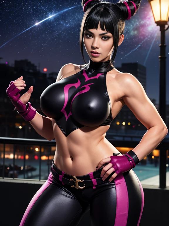 score_9, score_8_up, score_7_up, score_6_up, score_5_up,  [ Juri Han],[black hair, bangs, hair horns, multicolored hair,streaked hair, makeup, lipstick,],Juri Han from Street Fighter 6,[fingerless gloves,multiple belts, collar, spiked bracelet, aqua nails, chaps, baggy pants,toeless legwear],[night time, stars in the sky],4k,sharp image,detailed, sexy, extremely detailed artgerm,  (masterpiece, best quality:1.2),  (insanely detailed, beautiful detailed, masterpiece, best quality), (insanely detailed, masterpiece, best quality)   starry night sky, stars in the sky