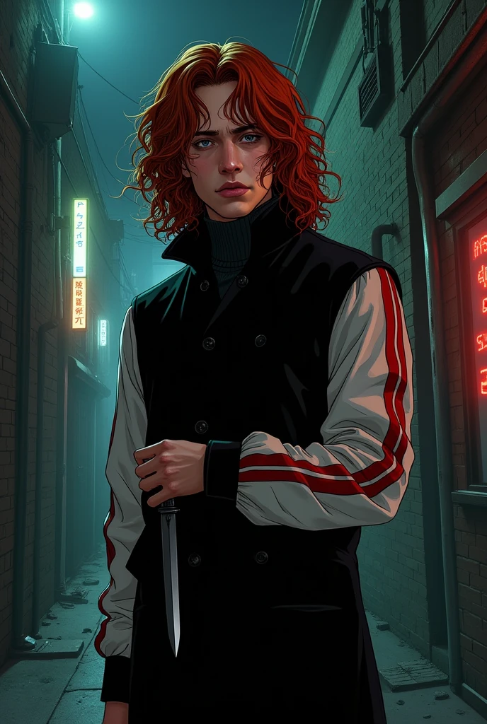 Create an illustration of an 18-year-old hitman with long, curly red hair and bangs between his eyes, tired look, skin fair, a closed black coat with a high collar and white sleeves with red stripes and gray pants and a blade hidden in its sleeve