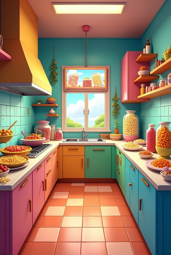 A cartoonish movie kitchen, that has popcorn and food that you can see the kitchen from the front that has a modern television on the top where you can see the food they offer, that does not have people, and that the kitchen is horizontal, that it looks flat from the front, that the kitchen is long horizontally, that it looks complete