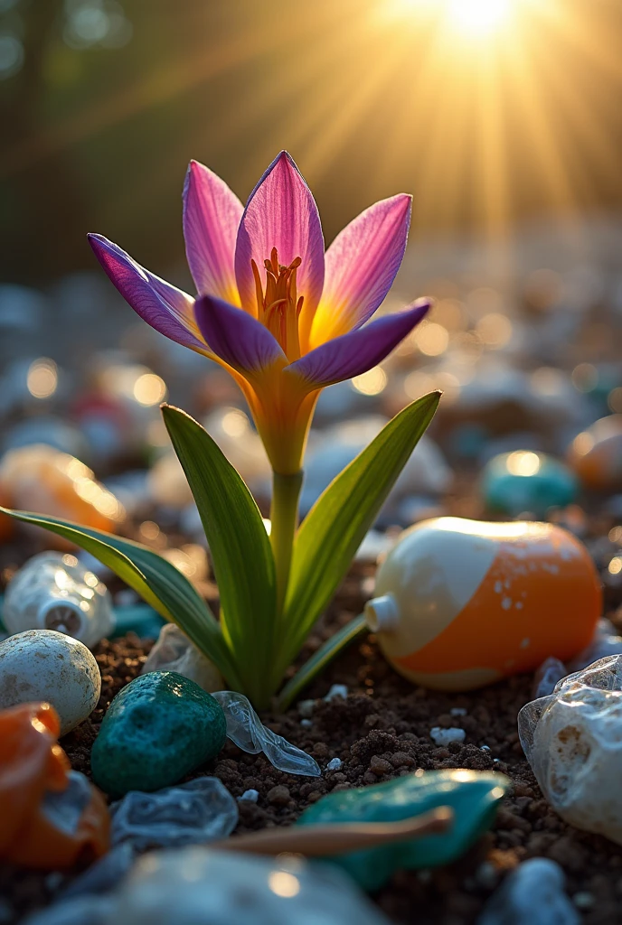 A flower blooming contaminated by plastic
