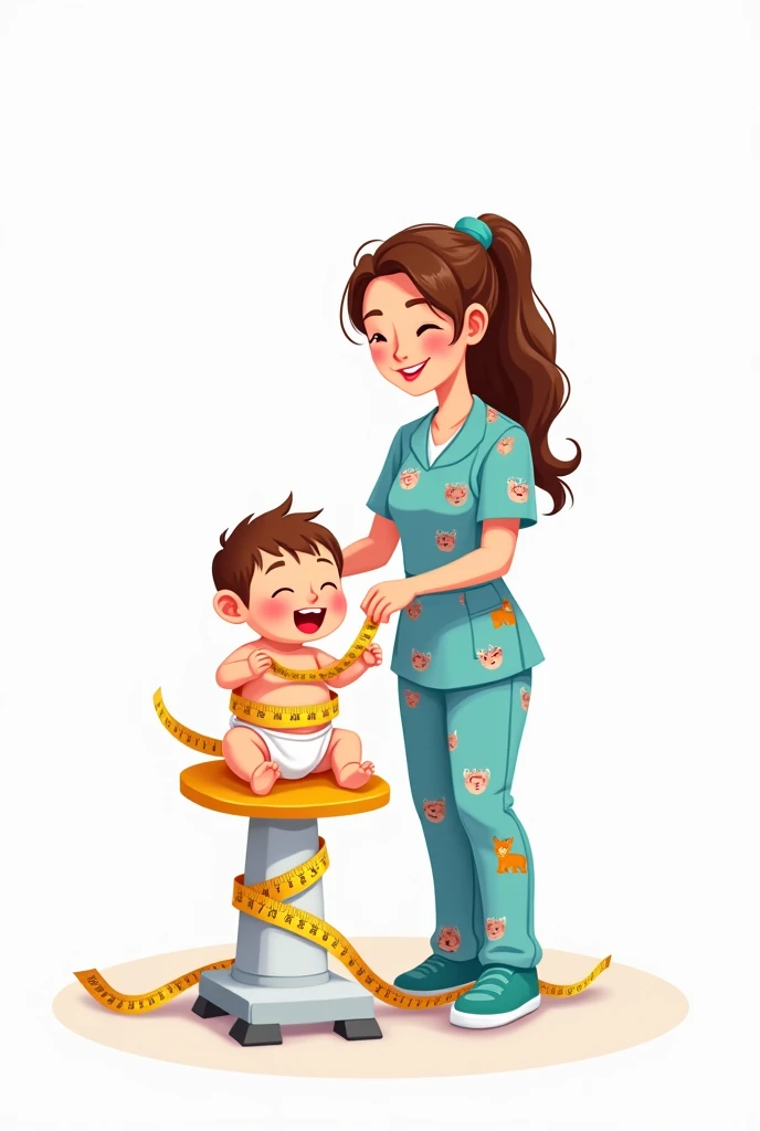 A nurse weighing and measuring a baby under , cartoon drawing on white background