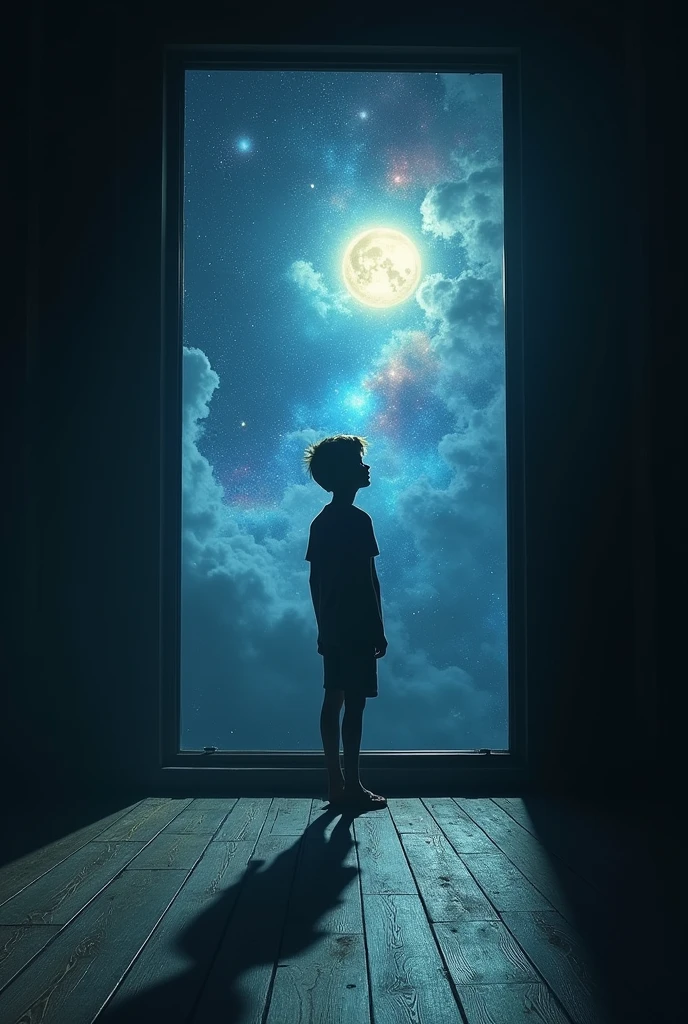 Create a surreal image of a boy looking out the window in a dark room where the boy is tall