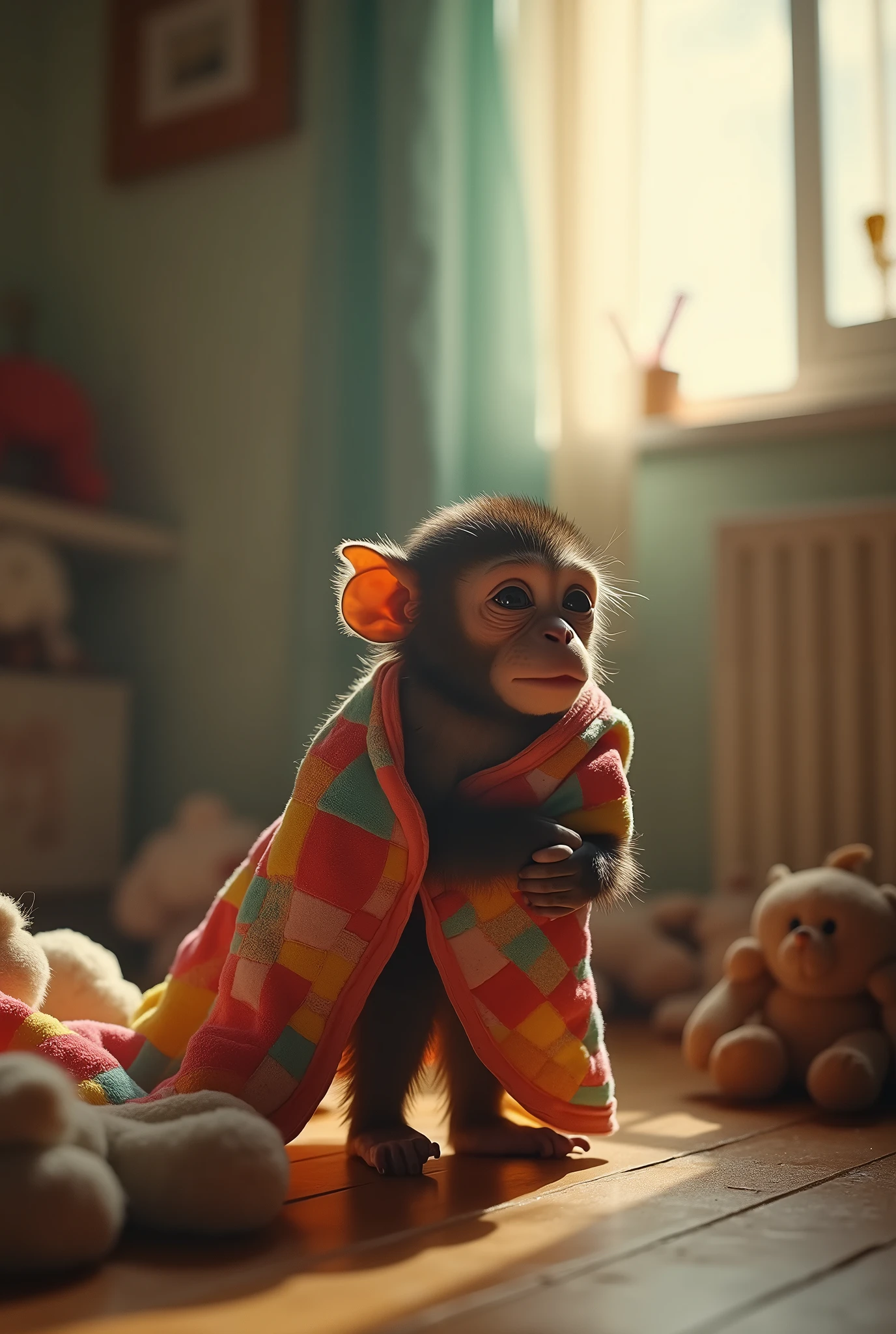 A little monkey despairs from the severity of the pain. He wakes up from sleep and goes to the bathroom with the sleeping blanket on him. The full picture, precise details.
