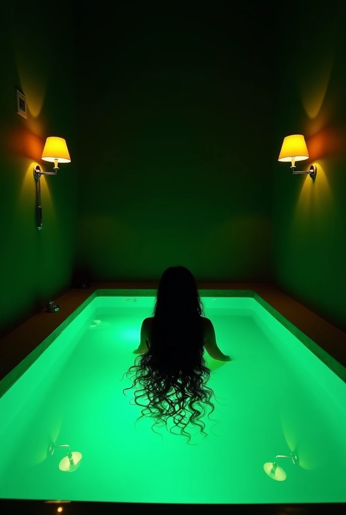 A dark room with black wall and a pool with green water and a yellow lamp hanging on the right wall and a yellow lamp hanging on the left wall and a long curly hair back in the pool 