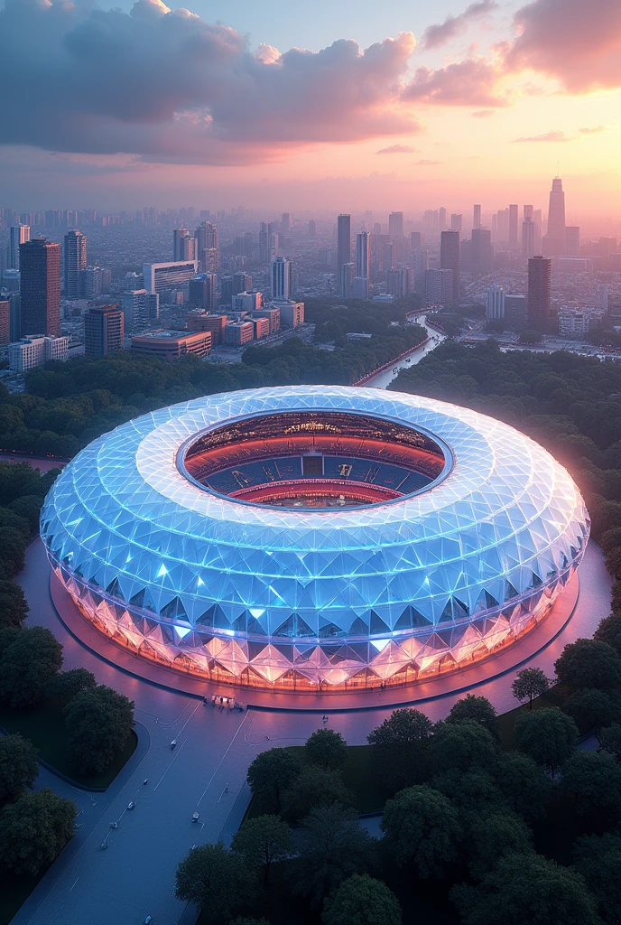 Create a concept design arena based on a diamond that is encapsulated by a glass circle and please show me the exterior design