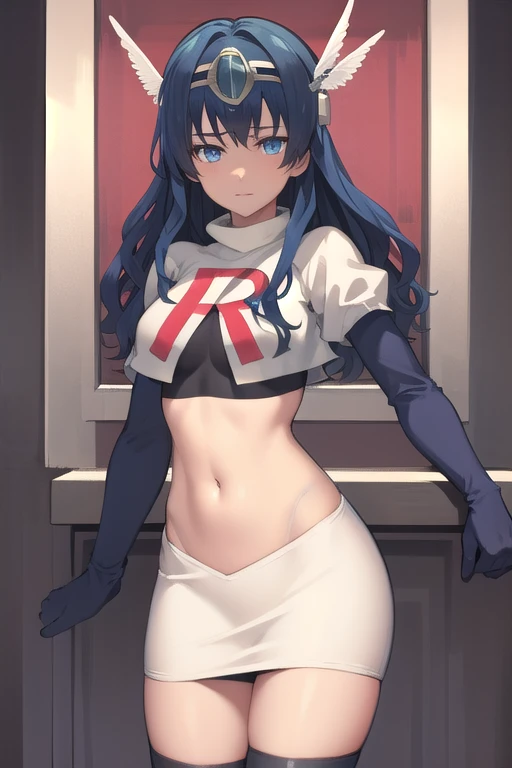 best quality, (masterpiece:1.2), illustration, absurdres,
(1girl, solo),  (beautiful detailed girl), 
blue hair, long hair, wavy hair, blue eyes, medium breasts,
winged visor, wing ornament, team rocket,team rocket uniform,white skirt,red letter R,crop top,black thigh-highs,black elbow gloves, looking at viewer,
magical forest, flowers, sky, clouds
