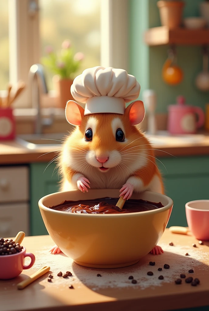 Hamster in a chef's hat stirring chocolate with a wooden spoon