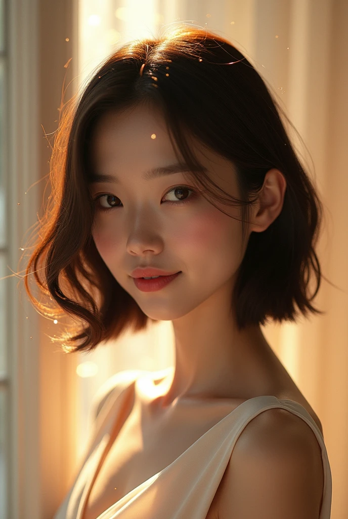 (top quality、8k、masterpiece:1.3)、There is a girl in the picture，She is a woman full of elegance, intelligence and cleanliness、Bob hair is characteristic。 The facial features and face look like beautiful Japanese and Korean female stars，Smooth and beautiful jaw line，Moderately sized double eyelids，Elegant and pretty nose bridge，Pink and elastic lips，With lip beads，The proportion of upper and lower lips is moderate，Slightly show the front teeth when smiling with hairstyle：Her hair is a beautiful bob、The whole face is only a little covered by the flowing hair，Her hair color is natural dark brown、Naturally flowing hair exhibits smooth luster。Her skin is transparent, fair and pink、healthy、Shiny。 She wears fashionable and simple clothes，complements her beauty。 His head-to-body proportions resemble those of a runway model，Slender limbs, plump breasts of medium size，You can feel the gracefulness of your body’s posture and movements。 這款masterpiece以最高品質繪製、Show beauty and confident femininity、Slightly curly bob hair and natural brown-black hair color、with excellent，Clean fashion expression，The entire image should retain the entire head and body parts above the chest