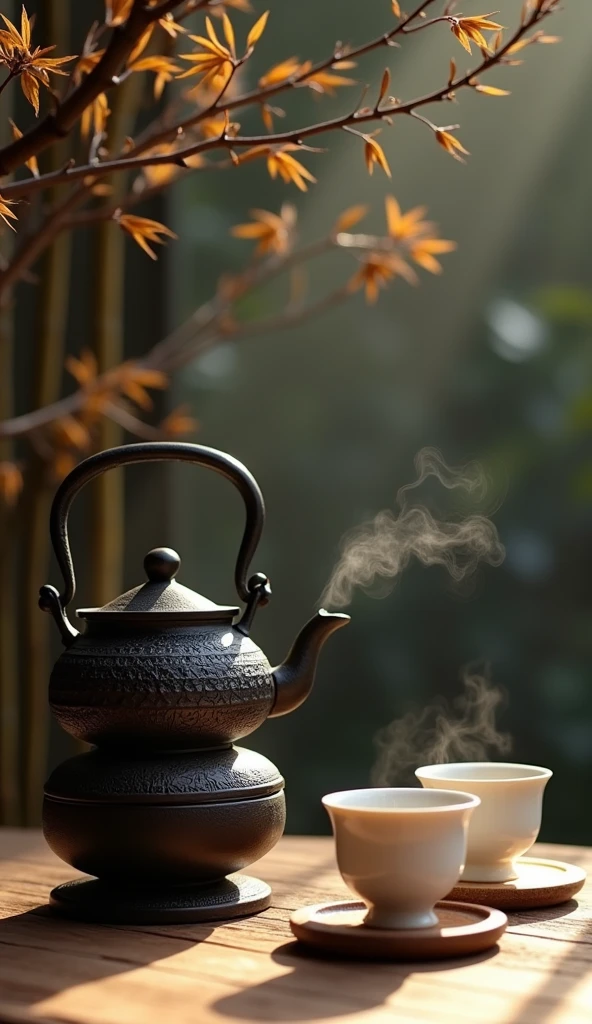 (Leave the left half of the screen blank)Nice looking cast iron kettle(Describe the texture of iron in detail)teapot(Make tea、There is smoke),Place it on the kiln-burning charcoal stove.Exquisite white ceramic glaze small teacup set on wooden coasters.Dead Branches. Inspired by the tea ceremony scene, cozy atmosphere, Zen and calm, A taste of serenity and zen, Warm and respectful atmosphere, Comfortable environment, Just relax, feeling of happiness, Soft light and shadow.high quality. High style.Zen style bamboo branches and leaves background（best quality）（intricate details）(leave a big blank)Minimalism, romanticism, Chiaroscuro, outer boundary, Ultra high quality, masterpiece, anatomically correct, Super detailed, best quality.Nice photos