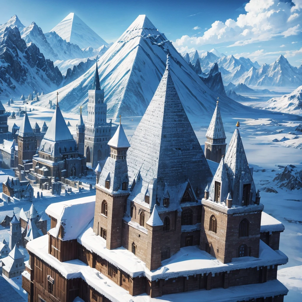 Big kingdom made of ice with houses and buildings made of ice located in a land with snow and a snowy mountain background with a pyramid castle made of ice 