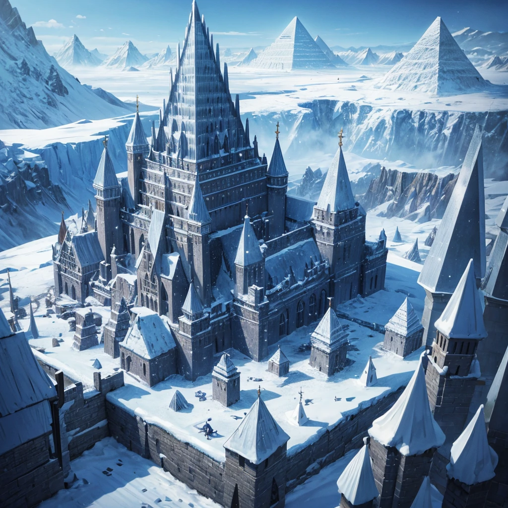 Big kingdom made of ice with houses and buildings made of ice located in a land with snow and a snowy mountain background with a pyramid castle made of ice 