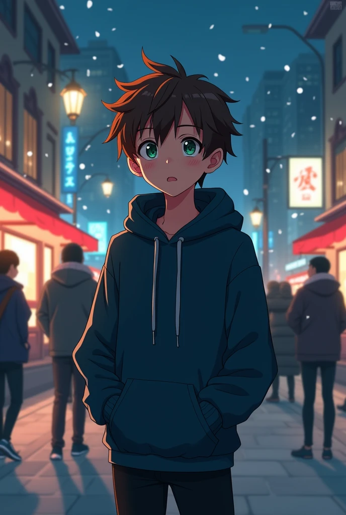 Anime style image. A teenager with messy brown hair and dark green eyes was in the middle of a crowd, it was night and there were few people on the street. He was wearing a dark blue sweatshirt, black pants, his hands were in his pockets to protect himself from the cold.
