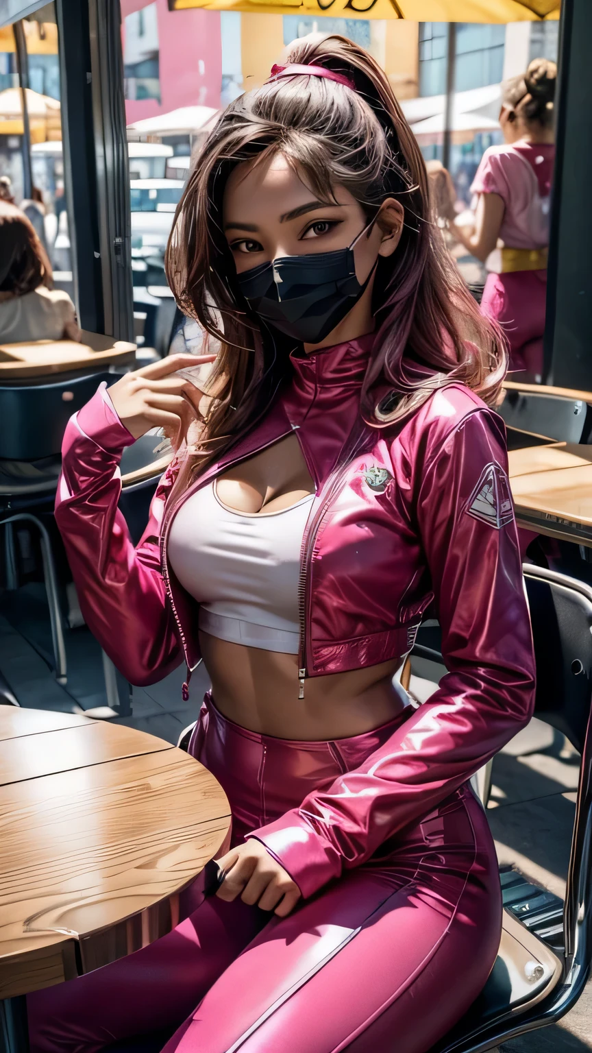 Make a picture of a pink vibrant superhero suit with a mask left on a table for girls with some revealing clothes 