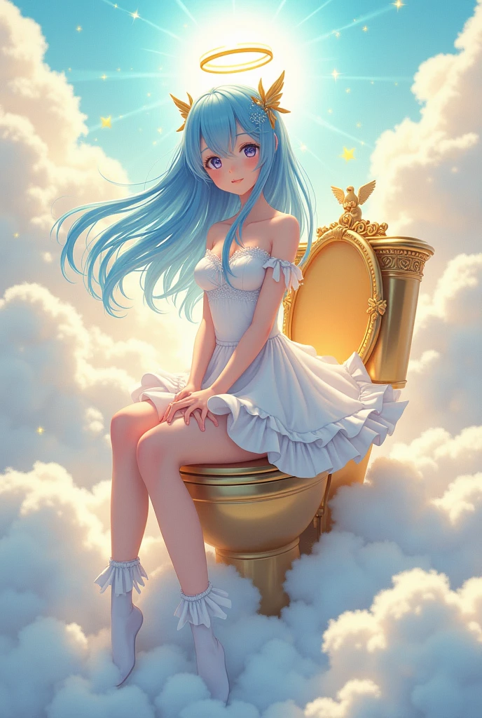 a anime girl with blue hair and a halo and perfect white chlotes from the heeavens and she is pooping in a perfect toilet from the heavens
and she is wearing a white skirt from the heavens and she is wearing perfect socks
from the heavens and the skirt is not covering her butt