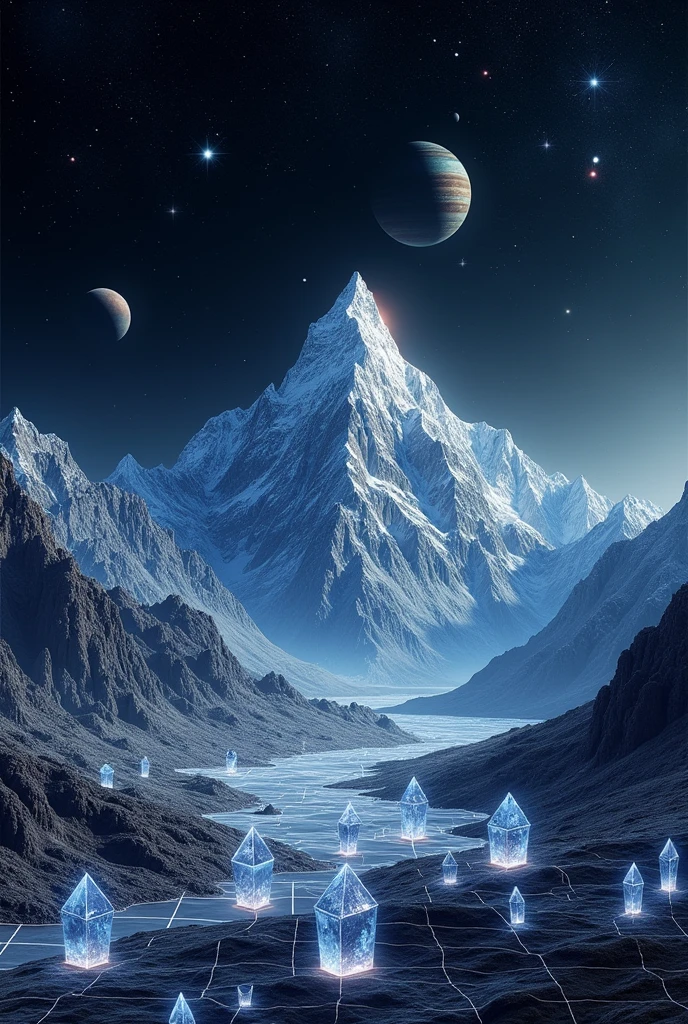 A mountainous landscape with grid texture, the grid is with white lines on total black. there are a lot floating geometrical transparent crystalss from glass scattered around and levitating above ground. It's night and the sky is pitch black full of stars and planets. Photography, Photorealistic, realism, extreme detail, high quality, sharp details, 4k hdr, volumetric lighting, extreme quality, masterpiece