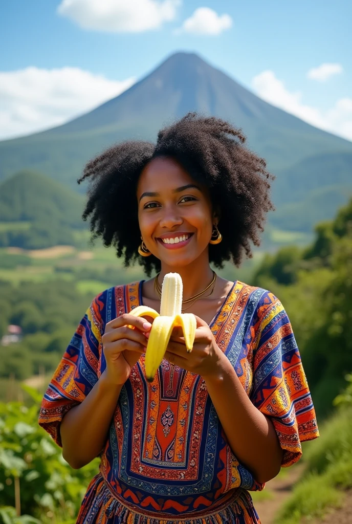 Costa Rican woman facing forward、Front view of a person eating a peeled banana。In the background are famous Costa Rican tourist destinations