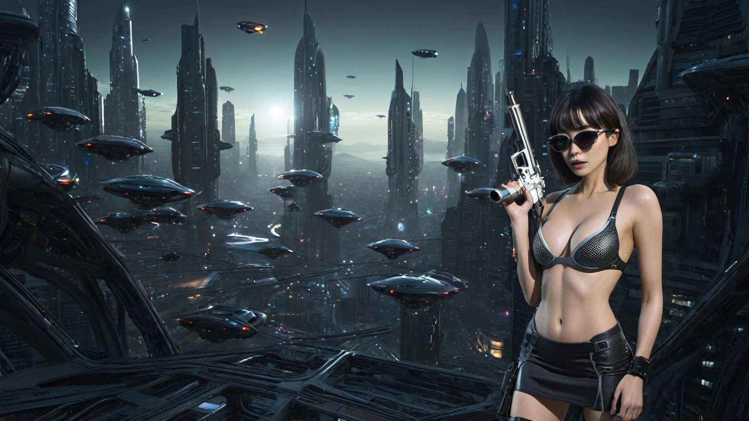 A futuristic alien cityscapes, flying vehicles. At night, 1 technologically advanced, organic-realism-infused humanoid female robot, solo, photo realistic, medium-breast:1.3 slim body, cleavage, sling top, miniskirt, (matrix style black sunglasses, holding a short gun), half-body thigh level medium shot, cinematic lighting, ray tracing.