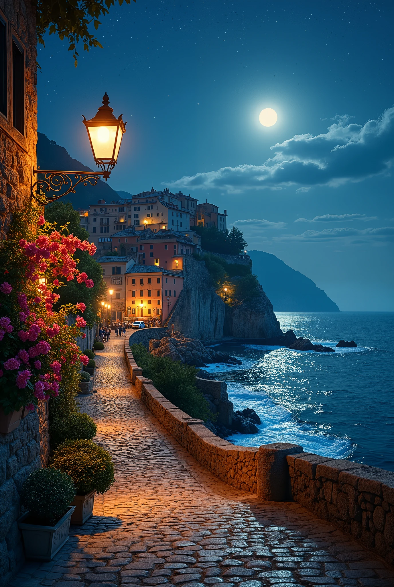 Cityscape by the sea、night、Street lamp、Home、star、Europe