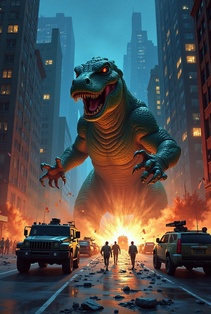80's monster movie posters、An illustration、Cityをdestructionする怪獣、Several people running away々、I'm in a panic、Every detail was drawn with brush and paint.,huge,Realistic monsters、Focus on the monsters、City、Collapsing high rise building、destruction,Manhattan at night,Citizens fleeing from the monster at full speed、US troops confront、fear、Reptile-like monster