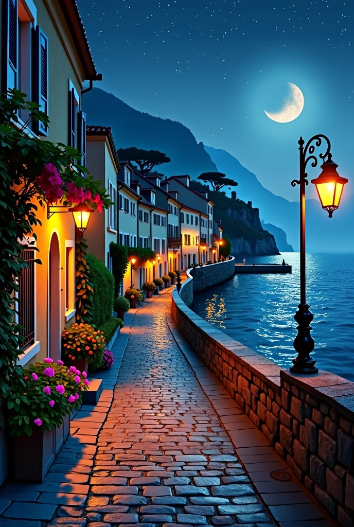 Cityscape by the sea、night、Street lamp、Home、star、Europe