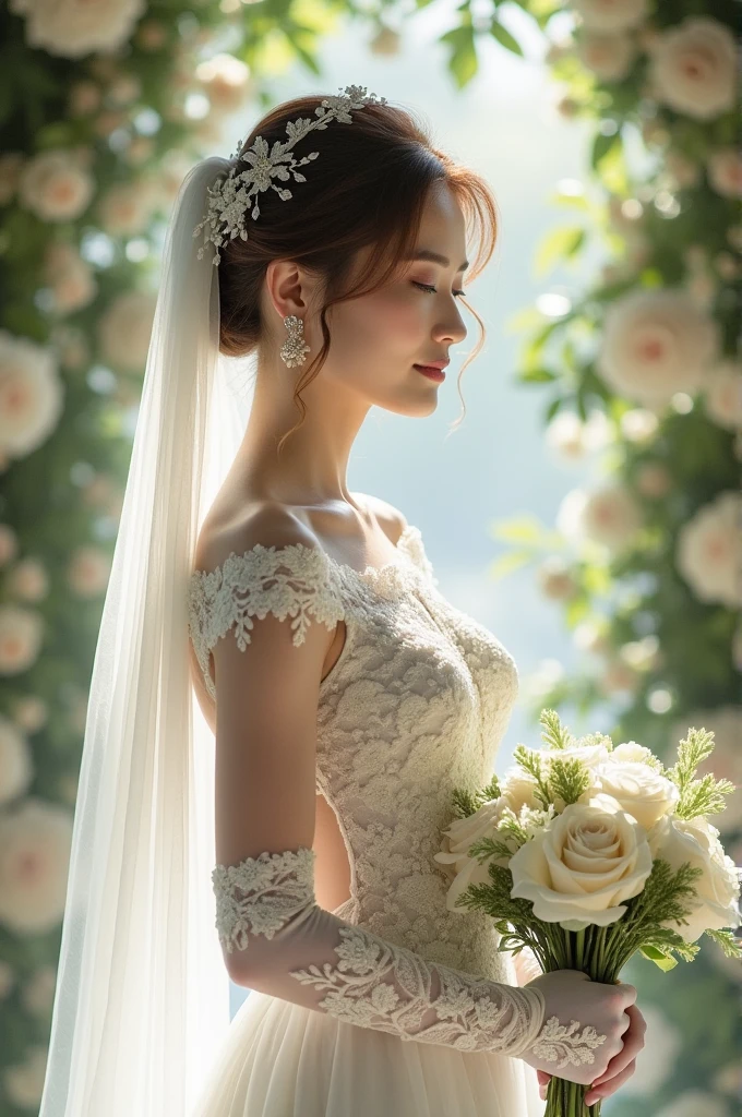 masterpiece, Highest quality:1.2), One , Earrings,Veil,jewelry,alone,wedding dress,flower束,dress,bridal Veil,flower,elbow gloves,white dress,gloves,flower嫁,Upper Body,From the side,profile,white gloves,Rose,Mid-chest,Mouth closed,hoop Earrings,white flower,holding flower束
