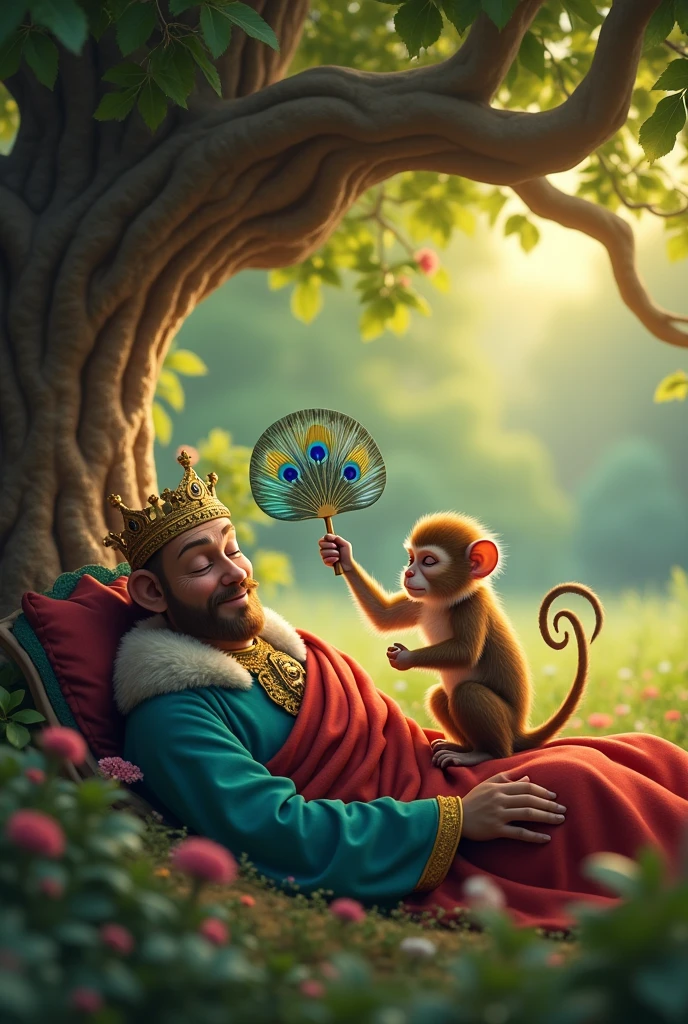 Monkey Shooing Away Flies: The monkey sitting next to the sleeping king under the tree, swatting away flies with a small, delicate fan made of peacock feathers. The scene captures the monkey’s dedication and care for the king.