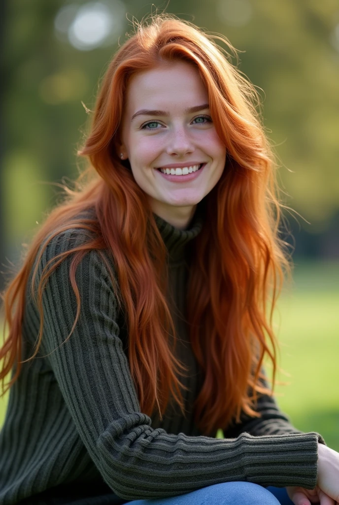 25 year old young woman., Copper colored hair and white skin., she is sitting in a park, photo taken from afar