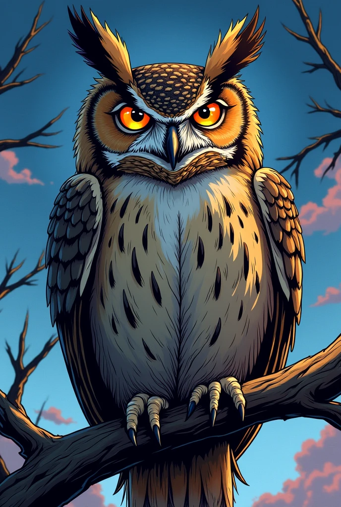 A dynamic and expressive illustration in the style of a shonen manga, featuring a strong, wise owl perched on a branch. The owl has sharp, intense eyes with bold outlines and highlights, typical of shonen manga characters, conveying both wisdom and a sense of determination. The feathers are detailed with strong lines and shading, giving the owl a powerful and slightly edgy appearance. The background showcases a dramatic twilight sky, with deep blues and purples, and dynamic lines emphasizing the owl’s presence. The overall design should evoke a sense of strength, wisdom, and action, capturing the energetic and impactful style of shonen manga.