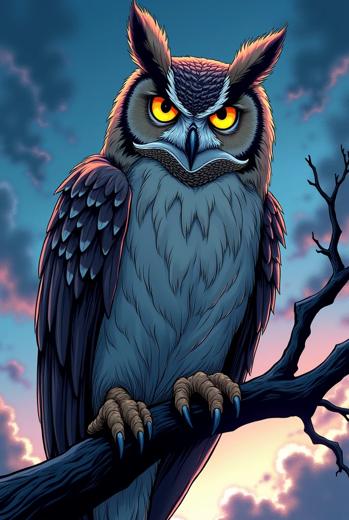 A dynamic and expressive illustration in the style of a shonen manga, featuring a strong, wise owl perched on a branch. The owl has sharp, intense eyes with bold outlines and highlights, typical of shonen manga characters, conveying both wisdom and a sense of determination. The feathers are detailed with strong lines and shading, giving the owl a powerful and slightly edgy appearance. The background showcases a dramatic twilight sky, with deep blues and purples, and dynamic lines emphasizing the owl’s presence. The overall design should evoke a sense of strength, wisdom, and action, capturing the energetic and impactful style of shonen manga.