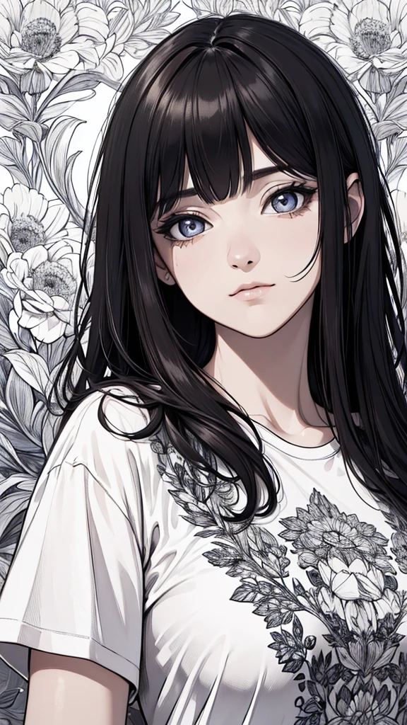 (hyperrealistic), (8K), (extremely detailed), (best illustration), (beautiful detailed eyes), (best quality), (ultra-detailed), (masterpiece), (wallpaper), (detailed face), solo, (t-shirt:1.1), looking at the audience, exquisite details, medium length hair, black hair, closed mouth, bangs,