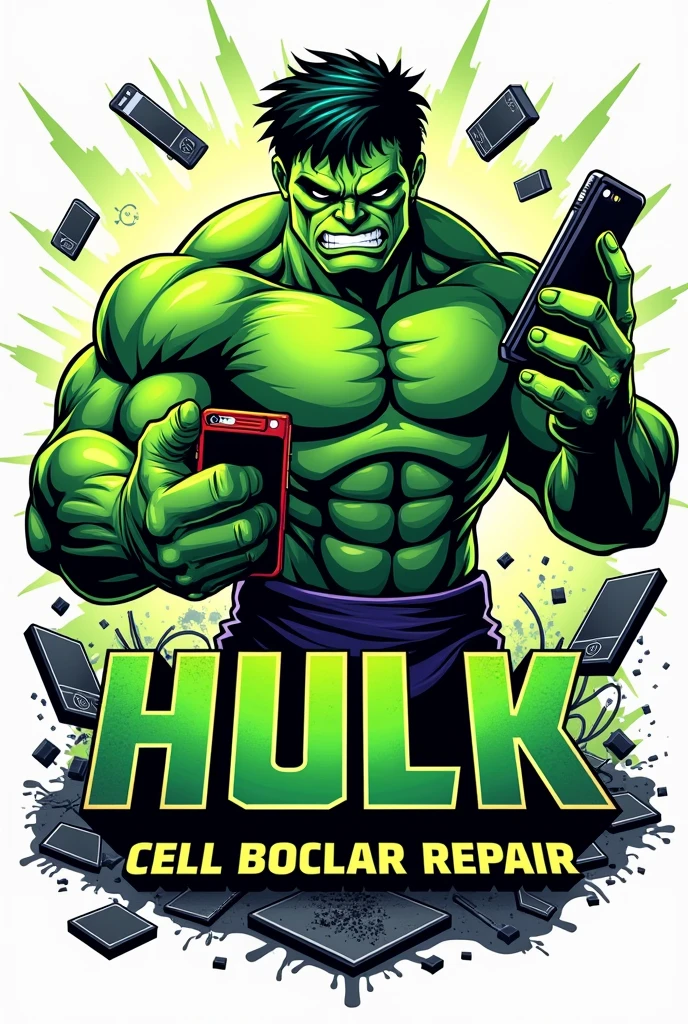 Create a cell phone repair company logo with the hulk