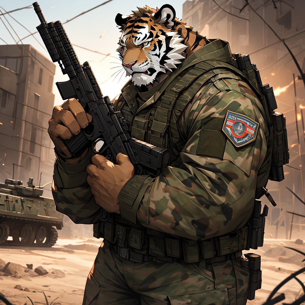 a muscular soldier holding an m4 rifle, military base, highly detailed, 8k, unreal engine, realistic lighting, military uniform, tactical gear, assault rifle, outdoor military base, barbed wire, military vehicles, military equipment, Camouflage, gritty, heroic pose, intense expression, photorealistic, cinematic composition, dramatic lighting holding communicator，Alert Tiger
