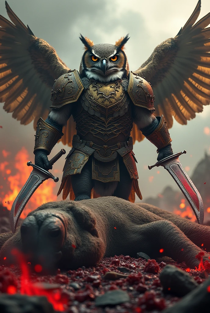 A warrior owl with weapons and armor, with a dead elephant and a dead bear bloody and defeated by the owl, as if they had won the war and on a battlefield