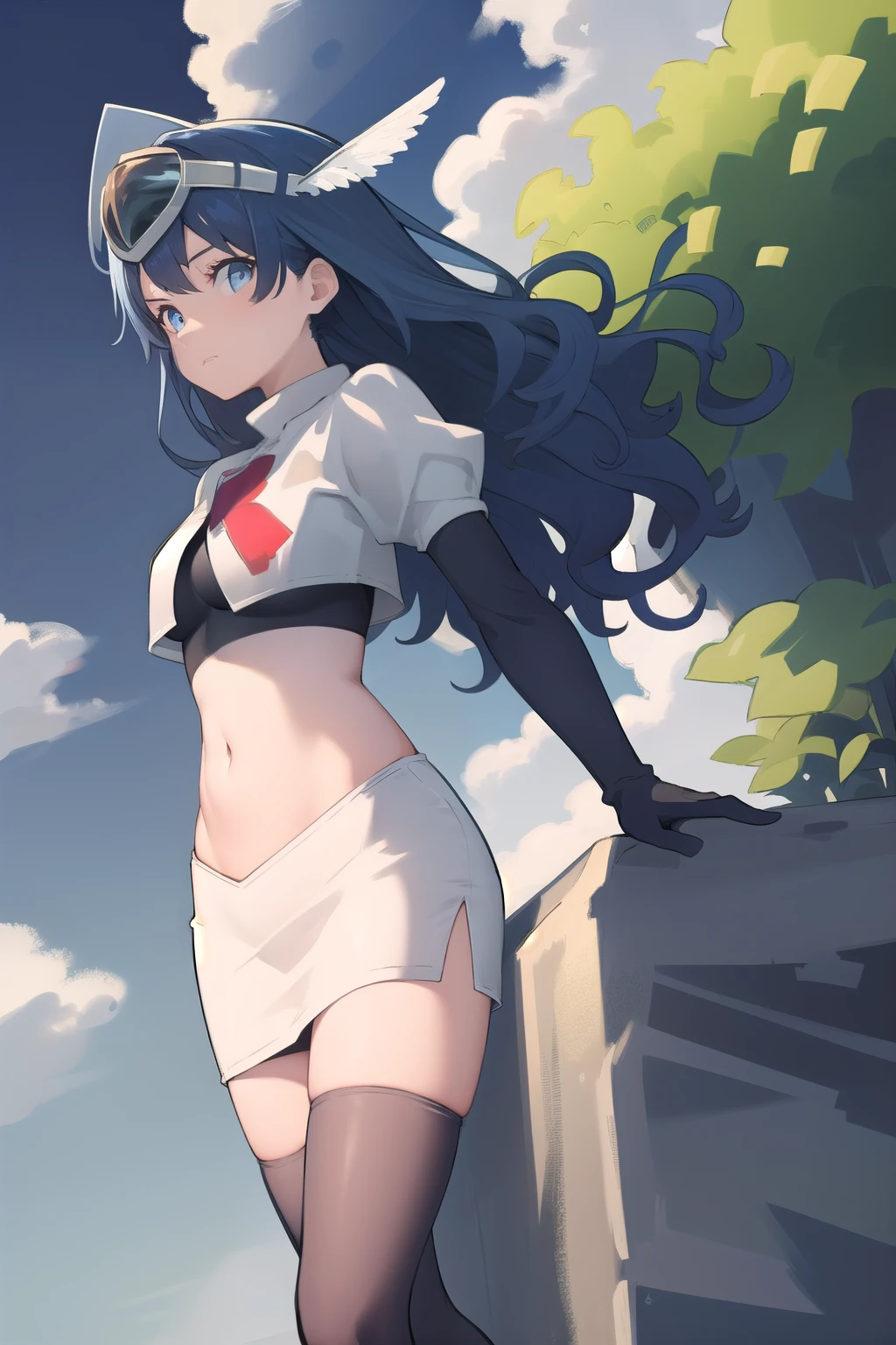 best quality, (masterpiece:1.2), illustration, absurdres,
(1girl, solo), (beautiful detailed girl),
blue hair, long hair, wavy hair, blue eyes, medium breasts,
winged visor, wing ornament, team rocket,team rocket uniform,white skirt,red letter R,crop top,black thigh-highs,black elbow gloves, looking at viewer,
magical forest, flowers, sky, clouds