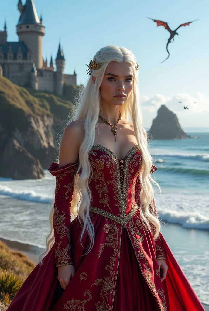 Targaryen princess with platinum hair and purple eyes in stunning outfit