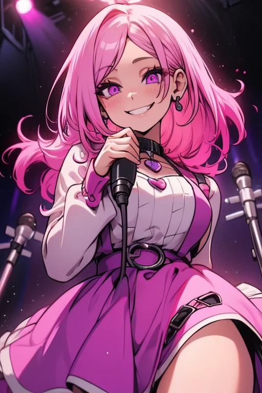 Perfect face. Perfect hands. A pink haired woman with violet eyes and an hourglass figure in a cute dress is smiling on the stage with her microphone