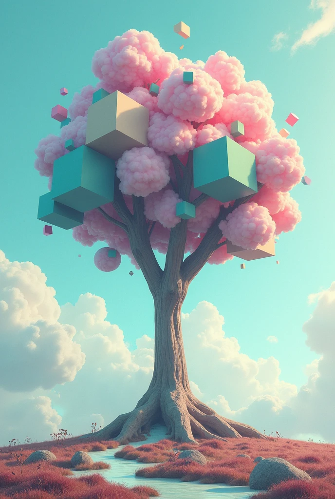 generates an image of a tree ,in which its root is a large triangle ,Its trunk is a medium-sized cube and its branches are cubes.  ,small rhombuses and triangles
 