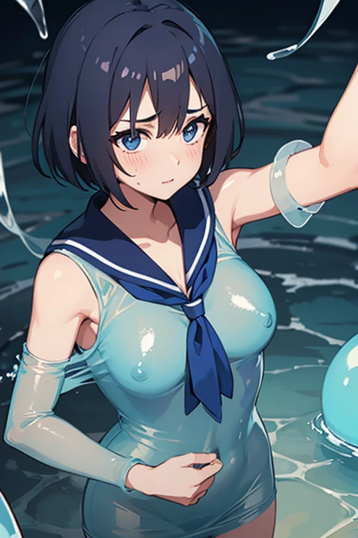 Striped, undressed Sailor Mercury covered in translucent slime and sweat,Pistol