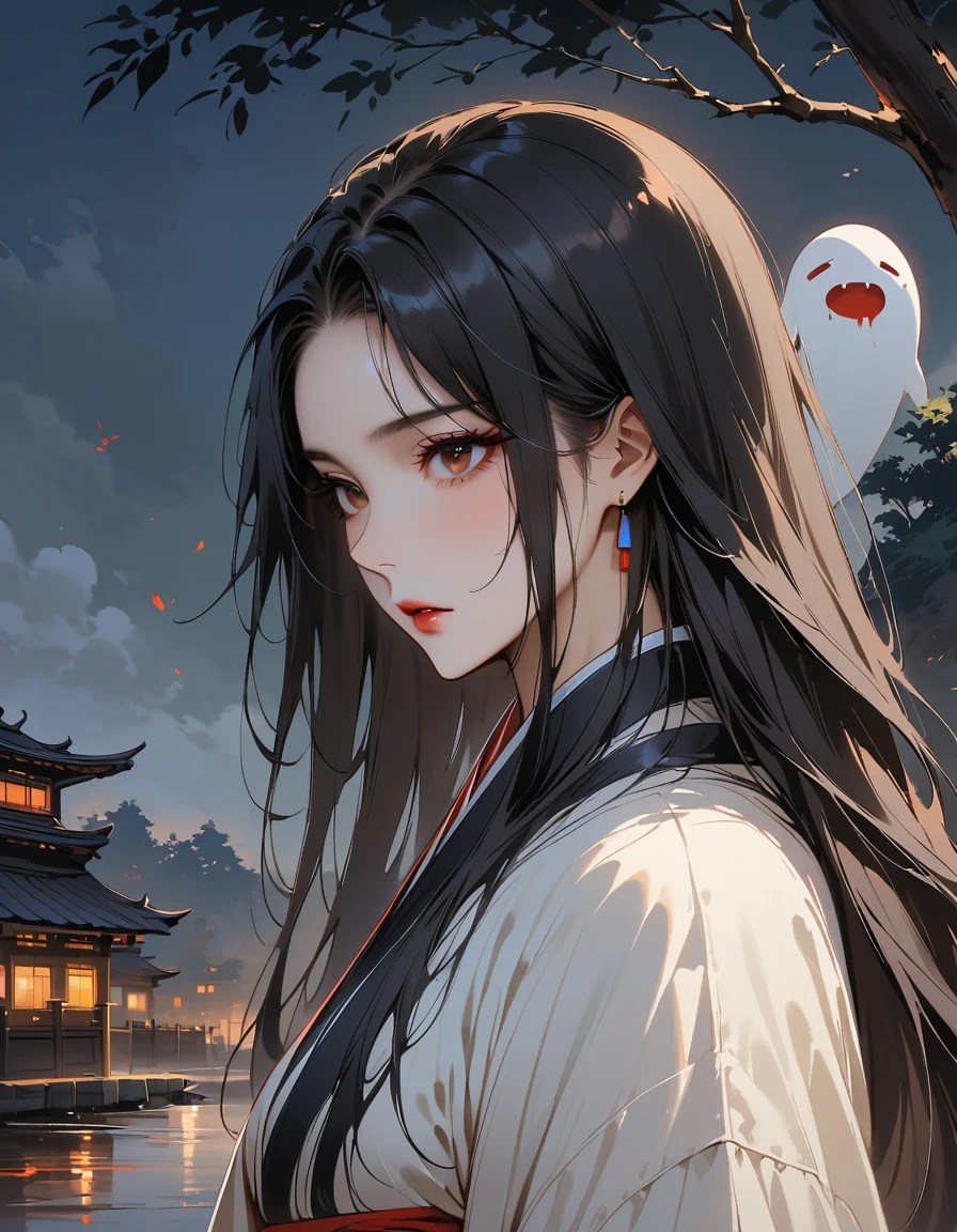 (masterpiece, Highest quality:1.2), 1 person, alone,2D,Japanese Horror、ghost、Willow Tree、Riverside、beautiful、There is bleeding(head)、Long black hair、night、Illuminated by the moonlight、Japanese style