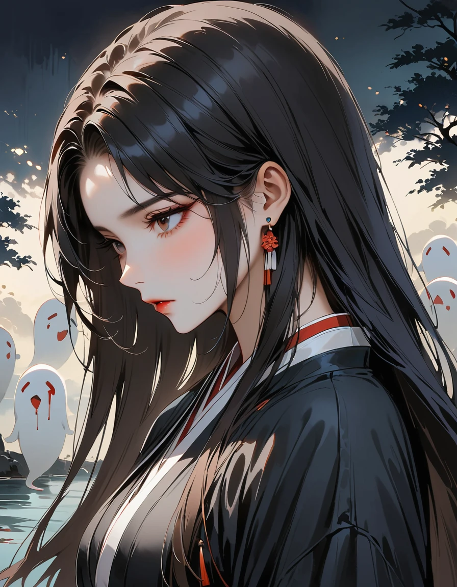 (masterpiece, Highest quality:1.2), 1 person, alone,2D,Japanese Horror、ghost、Willow Tree、Riverside、beautiful、There is bleeding(head)、Long black hair、night、Illuminated by the moonlight、Japanese style