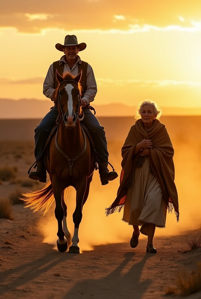 The cowboy rides away leaving the old woman behind.