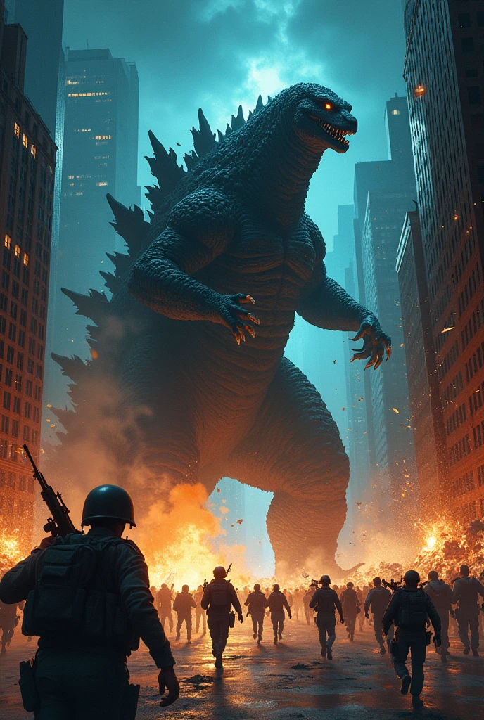 80's monster movie posters、An illustration、Cityをdestructionする怪獣、Several people running away々、I'm in a panic、Every detail was drawn with brush and paint.,huge,Realistic monsters、Focus on the monsters、City、Collapsing high rise building、destruction,Manhattan at night,Citizens fleeing from the monster at full speed、US troops confront、fear、Godzilla-like