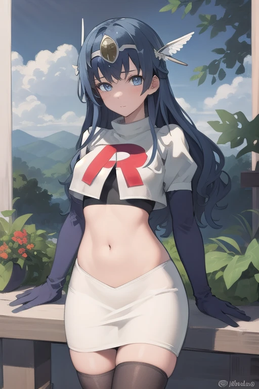 best quality, (masterpiece:1.2), illustration, absurdres,
(1girl, solo), (beautiful detailed girl),
blue hair, long hair, wavy hair, blue eyes, medium breasts,
winged visor, wing ornament, team rocket,team rocket uniform,white skirt,red letter R,crop top,black thigh-highs,black elbow gloves, looking at viewer,
magical forest, flowers, sky, clouds
